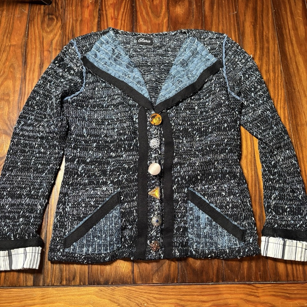 Vtg Elaris Blue Black Texture Cardigan Funky Art Mismatched Buttons Lace M A287